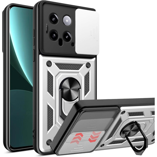 Ανθεκτική Θήκη με Κάλυμμα για την Κάμερα & Μεταλλικό Ring Holder - Xiaomi 14 - Bodycell Armor Slide - Silver (5206015072765)