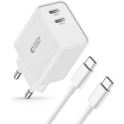 Tech-Protect C35W 2 Port Network - Ταχυφορτιστής Ταξιδιού / Αντάπτορας με 2 x Type-C & Καλώδιο Type-C σε Type-C - 100cm - 35W - White (9319456605570)
