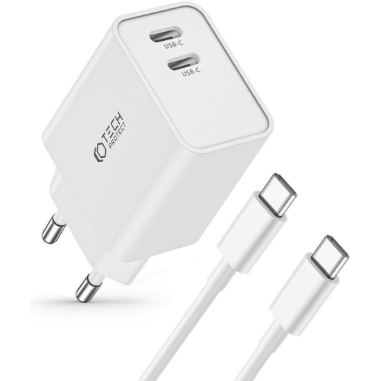 Tech-Protect C35W 2 Port Network - Ταχυφορτιστής Ταξιδιού / Αντάπτορας με 2 x Type-C & Καλώδιο Type-C σε Type-C - 100cm - 35W - White (9319456605570)