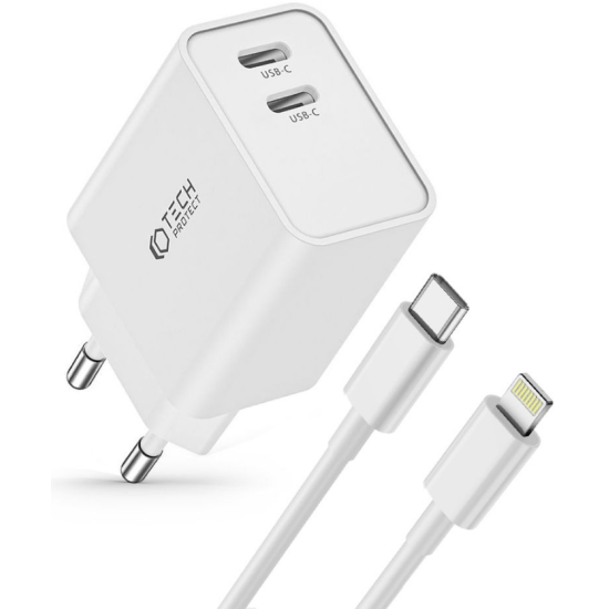 Tech-Protect C35W 2 Port Network - Ταχυφορτιστής Ταξιδιού / Αντάπτορας με 2 x Type-C & Καλώδιο Type-C σε Lightning - 100cm - 35W - White (9319456605587)