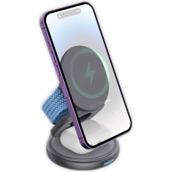 Ofkoz 3in1 360° Foldable Magnetic Wireless Charger - Μαγνητική Αναδιπλούμενη Περιστρεφόμενη Βάση Ασύρματης Φόρτισης MagSafe για iPhone 16 / 15 / 14 / 13 / 12 / AirPods / Apple Watch - 15W - Grey (OKFW01)