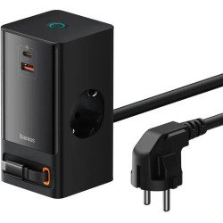 Baseus PowerCombo Digital PowerStrip - Πολύπριζο με 2 Υποδοχές AC με Καλώδιο 150cm / Ταχυφορτιστής με 1 x USB-A & 1 x Type-C / Eπεκτεινόμενο Καλώδιο Type-C 80cm - 65W - Black (PSLR000301)