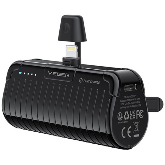 Veger PowerBank PlugOn-L Pro - Φορητή Μπαταρία Φόρτισης με Ενσωματωμένο Lightning και KickStand - 5000mAh - 20W - Black (W0558P)
