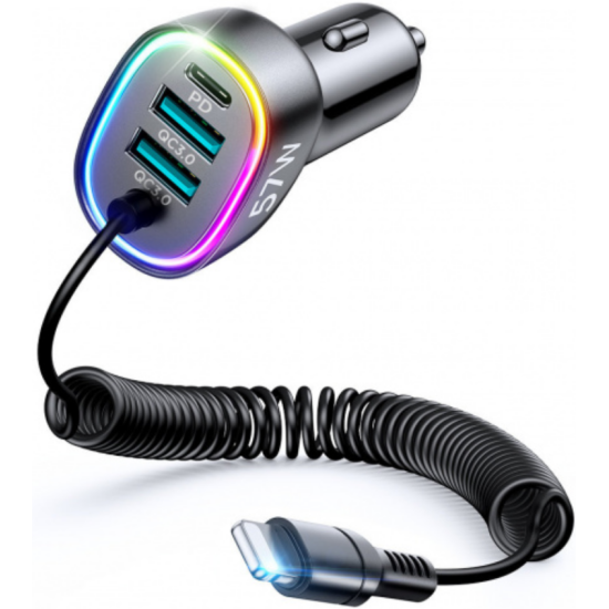 Joyroom JR-CL20 4 in 1 Wired Car Charger - Γρήγορος Φορτιστής Αυτοκινήτου με 2 x USB-A / 1 x Type-C / 1 x Ενσωματωμένο Καλώδιο Lightning 160cm - 57W - Black (6941237198969)