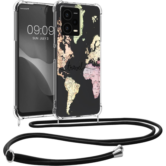 KWmobile Διάφανη Θήκη Σιλικόνης με Λουράκι Λαιμού - Xiaomi Redmi Note 12 Pro Plus - Travel / Black / Multicolor / Transparent (60717.02)