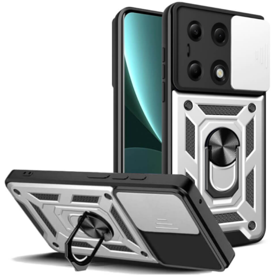 Ανθεκτική Θήκη με Κάλυμμα για την Κάμερα & Μεταλλικό Ring Holder - Xiaomi Redmi Note 13 Pro 4G / Poco M6 Pro 4G - Bodycell Armor Slide - Silver (5206015074813)