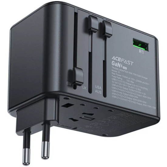 Acefast Z1 Travel Plug Charging GaN 2300W Adapter - Ταχυφορτιστής Ταξιδιού με Βύσμα EU / US / UK / AU και Θύρες 3 x Type-C / 2 x USB-A / 1 x AC - 75W - Black (6974316282495)