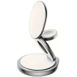 Ofkoz 3in1 360° Foldable Magnetic Wireless Charger - Μαγνητική Αναδιπλούμενη Περιστρεφόμενη Βάση Ασύρματης Φόρτισης MagSafe για iPhone 16 / 15 / 14 / 13 / 12 / AirPods / Apple Watch - 15W - Silver (OKFW02)