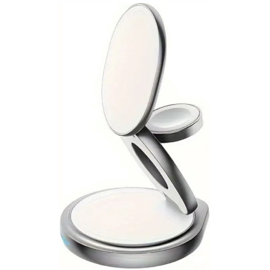 Ofkoz 3in1 360° Foldable Magnetic Wireless Charger - Μαγνητική Αναδιπλούμενη Περιστρεφόμενη Βάση Ασύρματης Φόρτισης MagSafe για iPhone 16 / 15 / 14 / 13 / 12 / AirPods / Apple Watch - 15W - Silver (OKFW02)