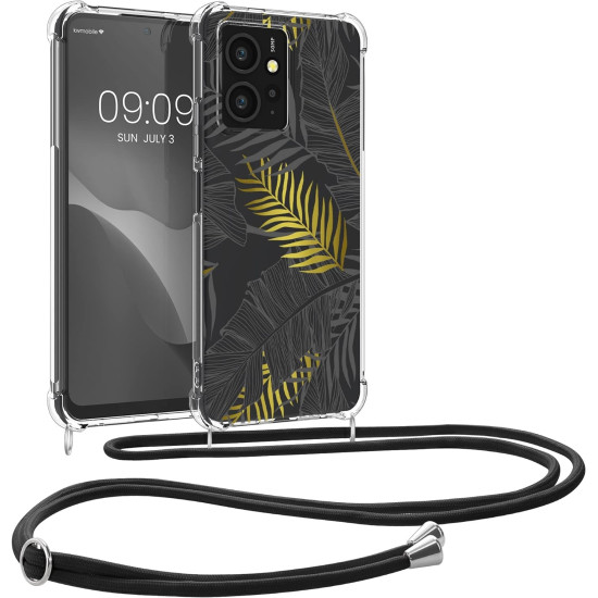 KWmobile Διάφανη Θήκη Σιλικόνης με Λουράκι Λαιμού - Xiaomi Redmi Note 12 4G - Palm Leaves / Yellow / Grey / Transparent (61174.02)