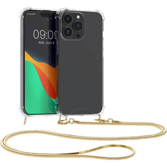 Θήκη Apple iPhone 15 Pro Max - KWmobile Διάφανη Σιλικόνης με Μεταλλικό Λουράκι Λαιμού - Transparent / Gold (62032.21)