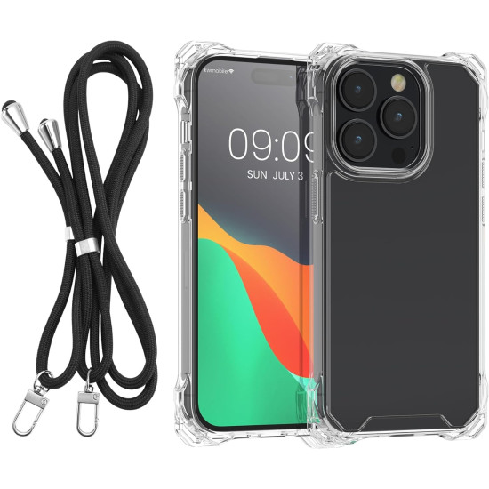 Θήκη Apple iPhone 15 Pro Max - KWmobile Σκληρή Διάφανη με TPU Bumper και Αποσπώμενο Λουράκι Λαιμού - Transparent / Black (62040.01)