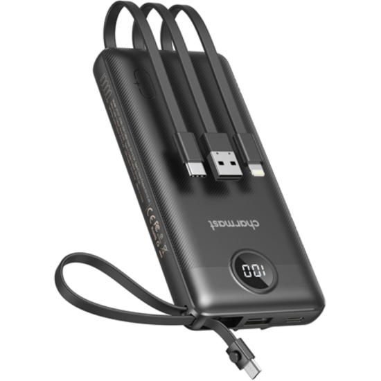 Charmast PowerBank Slim W1116 - Φορητή Μπαταρία Φόρτισης με Ενσωματωμένα Καλώδια Type-C / USB-A / Lightning / MicroUSB και 1 x USB-A Θύρα - 10.000mAh - Black (C10)