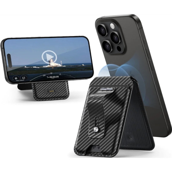 ESR HaloLock Geo Wallet Stand - MagSafe Θήκη Πορτοφόλι για Κάρτες με Συμβατότητα Apple Find My & Αναδιπλούμενη Βάση με Finger Holder - Carbon Fiber (4894240189313)