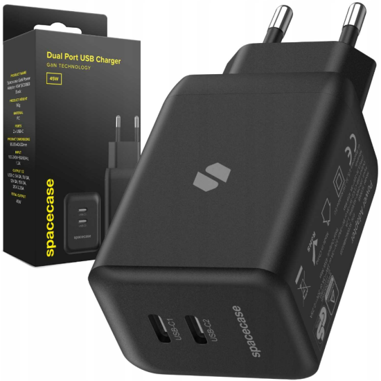 Spacecase SC006B Dual Port GaN USB Charger - Ταχυφορτιστής Ταξιδιού / Αντάπτορας με 2 x Type-C - 45W - Black (5905719109233)