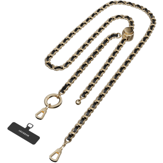 SwitchEasy MagEasy Leather Chain Strap Classic & Strap Card - Μεταλλικό Αποσπώμενο Λουράκι Λαιμού για Θήκες Κινητών iPhone - Black / Matte Gold (MPHIPH222BO23)