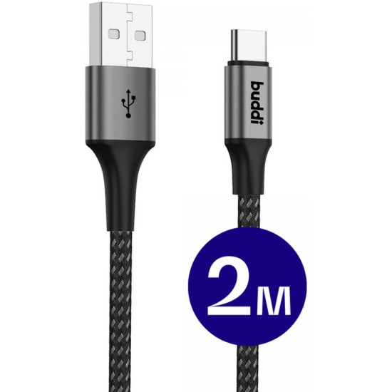 Buddi Flex - Καλώδιο Φόρτισης και Μεταφοράς Δεδομένων USB-A σε Type-C - 200cm - 12W - Black - 5 Έτη Εγγύηση (8719246446047)