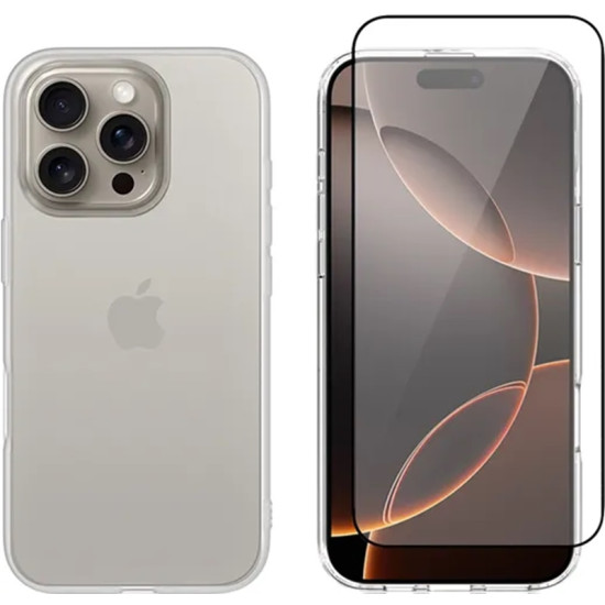 Θήκη & Αντιχαρακτικό Γυαλί Προστασίας Apple iPhone 16 Pro Max - Vivid Set Gelly Case Σετ Διάφανη Σιλικόνης & Full Face Tempered Glass Οθόνης - Transparent / Black (VIGELLY498GLASSBK)