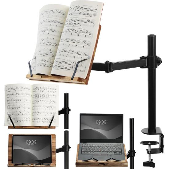 Navaris Book Stand with Clamp - Ρυθμιζόμενη Βάση με Βραχίονα & Σφιγκτήρα για Ανάγνωση Βιβλίου / Laptop / Tablet / eReader / Αναλόγιο από Ξύλο Ακακίας - 34 x 24 cm - Acacia (‎NAV0000272P002C)