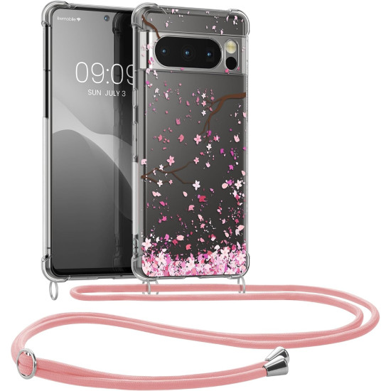 Θήκη Google Pixel 8 Pro - KWmobile Crystal TPU Necklace Διάφανη Σιλικόνης με Λουράκι Λαιμού - Cherry Blossoms / Cherry Petals / Pink / Dark Brown / Transparent (61866.02)