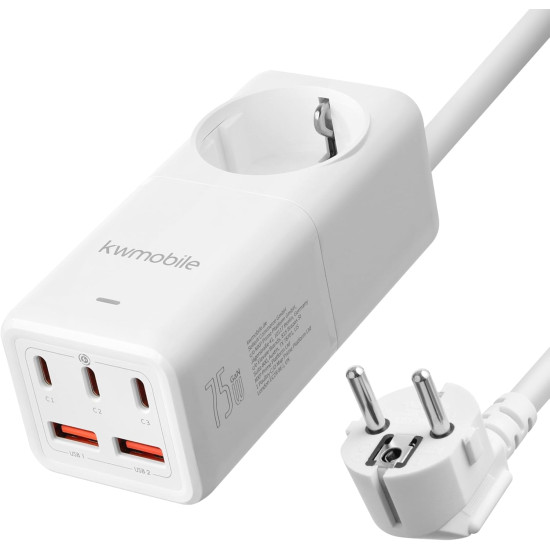 KW Desktop Power Strip EU GaN Charger - Μονόπριζο με 1 x Υποδοχή AC 4000W με Καλώδιο 150cm / Ταχυφορτιστής με 2 x USB-A / 3 x Type-C - 75W - White (61946.02.01)