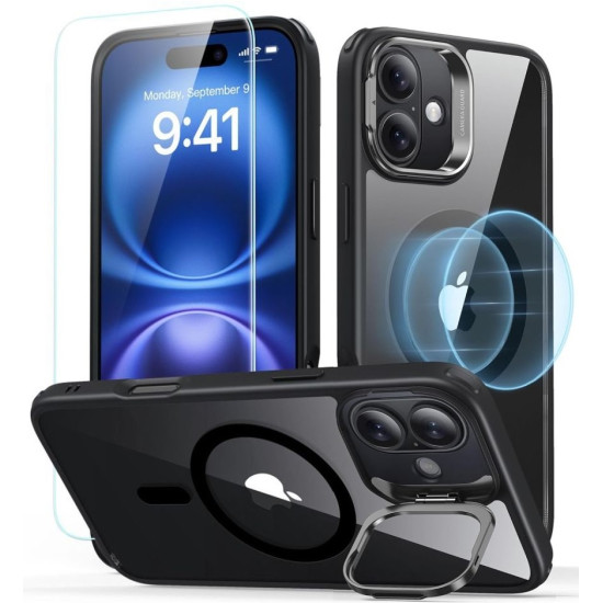 Θήκη & Αντιχαρακτικό Γυαλί Προστασίας Apple iPhone 16 - ESR Classic Hybrid HaloLock with Stash Stand Σετ Ανθεκτική MagSafe & Tempered Glass Οθόνης με KickStand - Clear / Black (4894240243640)