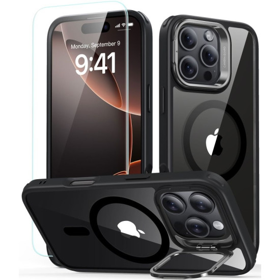 Θήκη & Αντιχαρακτικό Γυαλί Προστασίας Apple iPhone 16 Pro - ESR Classic Hybrid HaloLock with Stash Stand Σετ Ανθεκτική MagSafe & Tempered Glass Οθόνης με KickStand - Clear / Black (4894240243824)