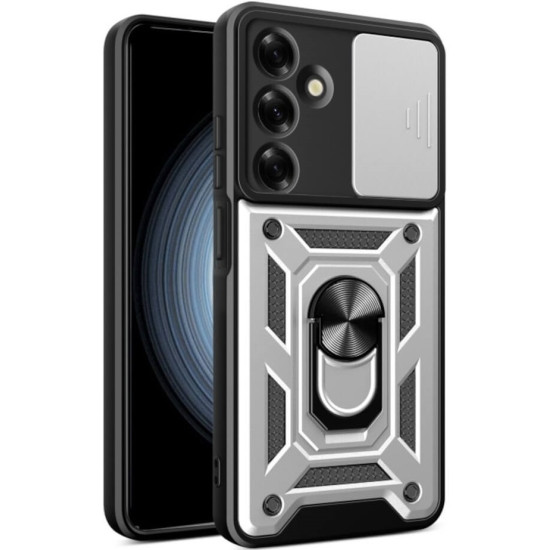 Θήκη Samsung Galaxy S24 FE - Bodycell Armor Slide Ανθεκτική με Κάλυμμα για την Κάμερα & Μεταλλικό Ring Holder - Silver (5206015079016)