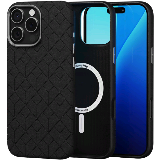 Θήκη iPhone 16 Pro Max Spacecase Classy Mag Σκληρή από Οικολογικό Δέρμα με MagSafe - Black (5905719112127)