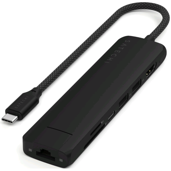 Αντάπτορας Satechi 7in1 USB-C Slim Multiport Adapter Type-C (male) σε 1 x Type-C 100W / 2 x USB-A 3.2 10Gbps / 1 x HDMI 4K 60Hz / 1 x Ethernet 1 Gigabit / 1 x SD / 1 x MicroSD - Black (ST-P7SK)