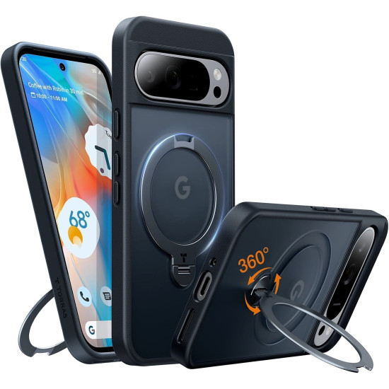 Θήκη Google Pixel 9 / 9 Pro Torras Ostand Spin Ανθεκτική Ημιδιάφανη με MagSafe & KickStand - Black (6938075602451)