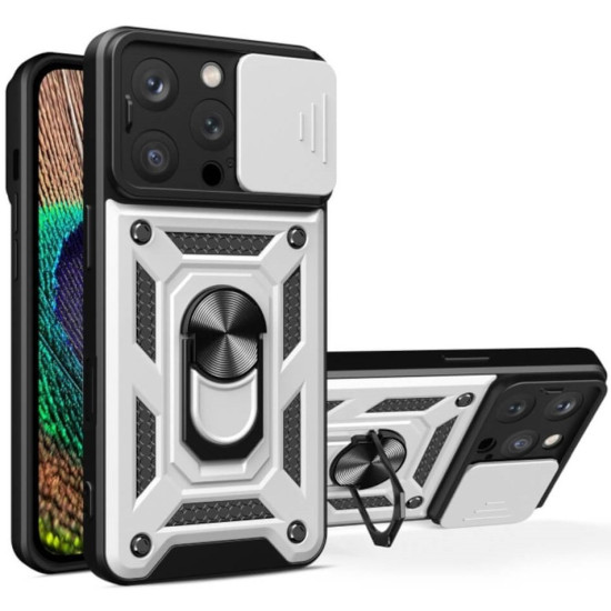 Θήκη iPhone 16 Pro Max Bodycell Armor Slide Ανθεκτική με Κάλυμμα για την Κάμερα & Μεταλλικό Ring Holder - Silver (5206015080098)