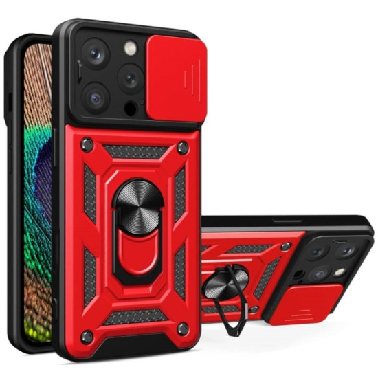 Θήκη iPhone 16 Pro Max Bodycell Armor Slide Ανθεκτική με Κάλυμμα για την Κάμερα & Μεταλλικό Ring Holder - Red (5206015080081)