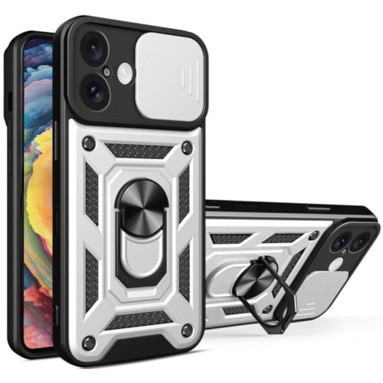 Θήκη iPhone 16 Plus Bodycell Armor Slide Ανθεκτική με Κάλυμμα για την Κάμερα & Μεταλλικό Ring Holder - Silver (5206015079054)