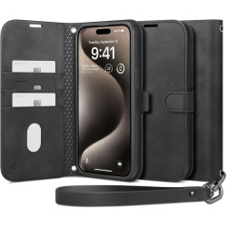 Θήκη iPhone 15 Pro Spigen Wallet S Pro Ανθεκτικό Πορτοφόλι με Αποσπώμενο Λουράκι Χειρός / Λαιμού - Black (ACS06740)