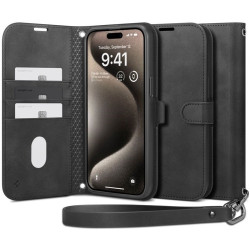 Θήκη iPhone 15 Pro Max Spigen Wallet S Pro Ανθεκτικό Πορτοφόλι με Αποσπώμενο Λουράκι Χειρός / Λαιμού - Black (ACS06605)
