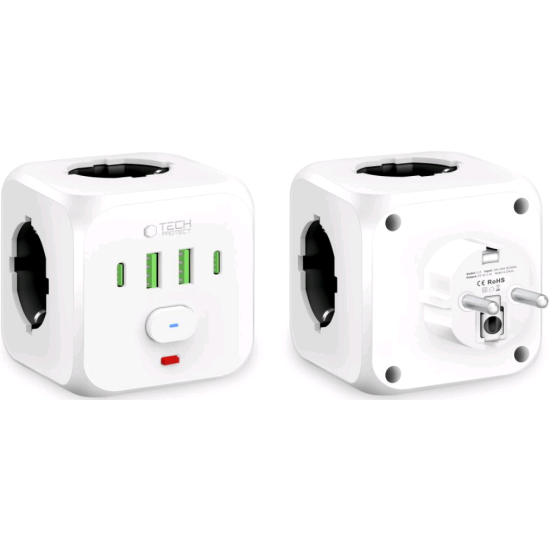 Πολύπριζο Tech-Protect PCL3X4 Universal Power Socket με 3 x Υποδοχές AC 240V & Διακόπτη / 2 x USB-A / 2 x Type-C 2.1A - White (5906302372096)