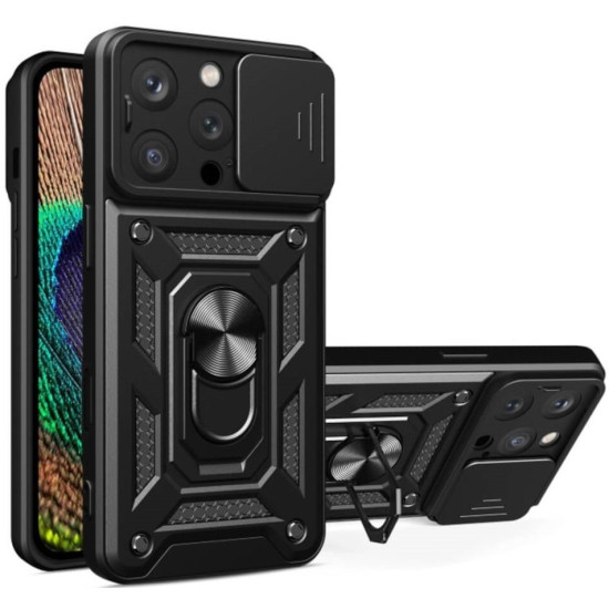 Θήκη iPhone 16 Pro Bodycell Armor Slide Ανθεκτική με Κάλυμμα για την Κάμερα & Μεταλλικό Ring Holder - Black (5206015079061)