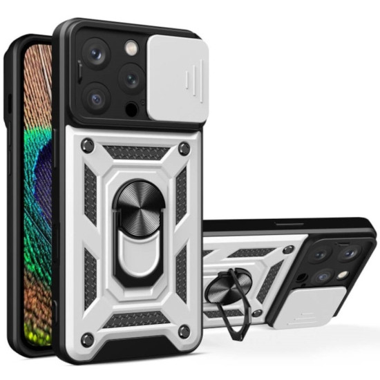 Θήκη iPhone 16 Pro Bodycell Armor Slide Ανθεκτική με Κάλυμμα για την Κάμερα & Μεταλλικό Ring Holder - Silver (5206015080067)