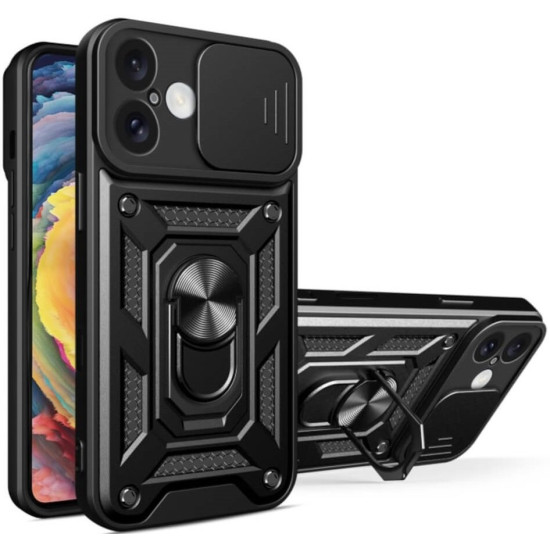 Θήκη iPhone 16 Bodycell Armor Slide Ανθεκτική με Κάλυμμα για την Κάμερα & Μεταλλικό Ring Holder - Black (5206015078910)