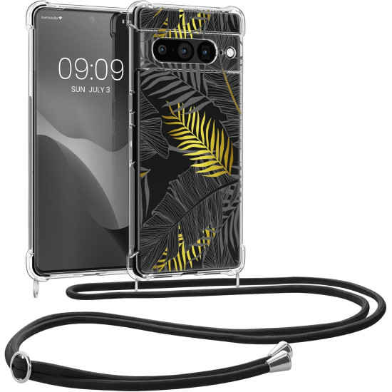 Θήκη Google Pixel 7 Pro KWmobile Crystal TPU Necklace Διάφανη Σιλικόνης με Λουράκι Λαιμού - Palm Leaves / Yellow / Grey / Transparent (KWM000017TN003C)