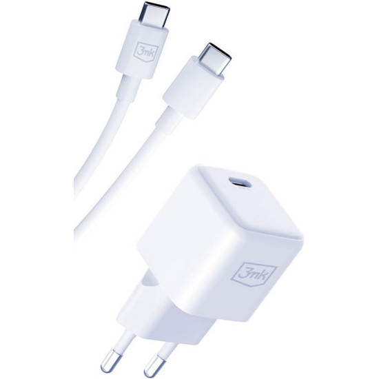 Φορτιστής 3MK Hyper Charger Τοίχου με Καλώδιο Type-C σε Type-C & 1 x Θύρα Type-C 25W - White (5903108561945)