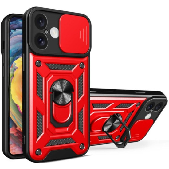 Θήκη iPhone 16 Plus Bodycell Armor Slide Ανθεκτική με Κάλυμμα για την Κάμερα & Μεταλλικό Ring Holder - Red (5206015078989)
