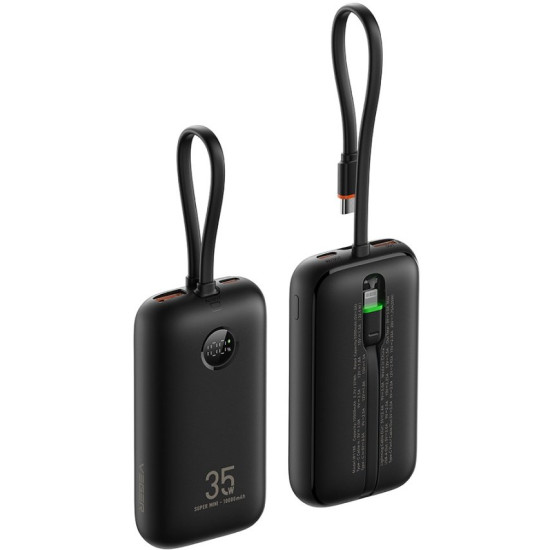 PowerBank Veger K1 με Οθόνη LED & 1 x Θύρα Type-C / 1 x Θύρα USB-A / 1 x Καλώδιο Type-C / 1 x Καλώδιο Lightning 35W 10.000mAh - Black (W1188)
