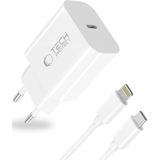 Φορτιστής Tech-Protect NC20W Αντάπτορας με 1 x Type-C 20W & 1 x Καλώδιο Type-C σε Lightning 100cm - White (5906302362899)