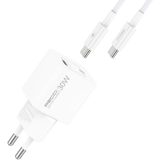 Φορτιστής Recci RC77ECC GaN Αντάπτορας με 1 x Type-C 30W & 1 x Καλώδιο Type-C σε Type-C 100cm - White (6955482528273)