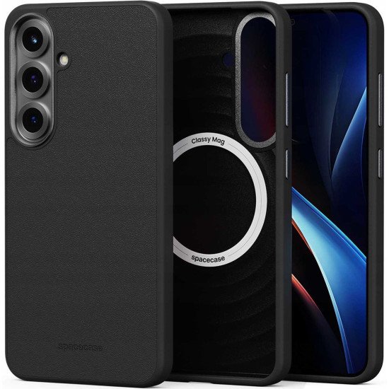 Θήκη Samsung Galaxy S25 Spacecase Classy Mag Σκληρή από Οικολογικό Δέρμα με MagSafe - Black (5905719118259)