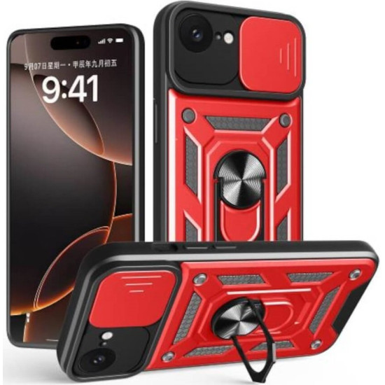 Θήκη iPhone 17e / 16e Bodycell Armor Slide Ανθεκτική με Κάλυμμα για την Κάμερα & Μεταλλικό Ring Holder - Red (5206015080173)