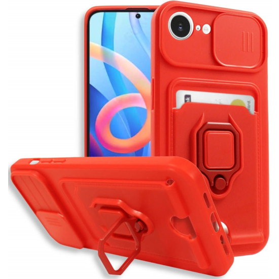 Θήκη iPhone 17e / 16e Bodycell Multifunction με Λουράκι Λαιμού / Κάλυμμα Κάμερας / Ring Holder & Υποδοχή Κάρτας - Red (5206015081477)