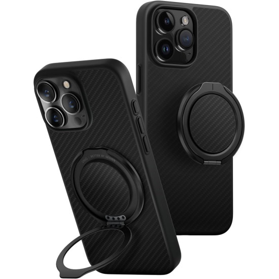 Θήκη iPhone 16 Pro Max Uniq Keva Air + GripFit Σετ Ανθεκτική MagSafe Aramid Fiber με Μαγνητική Βάση / Finger Holder - Carbon Black (UNIQ-IP6.9P(2024)-KAGPBCB)